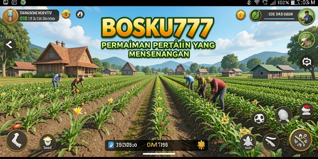 Tampilan gameplay BOSKU777 yang menampilkan kebun yang subur dan beragam tanaman.