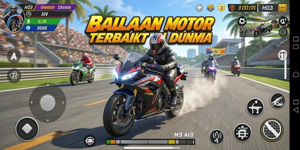 Tampilan gameplay H03 dengan aksi balapan motor yang mendebarkan.