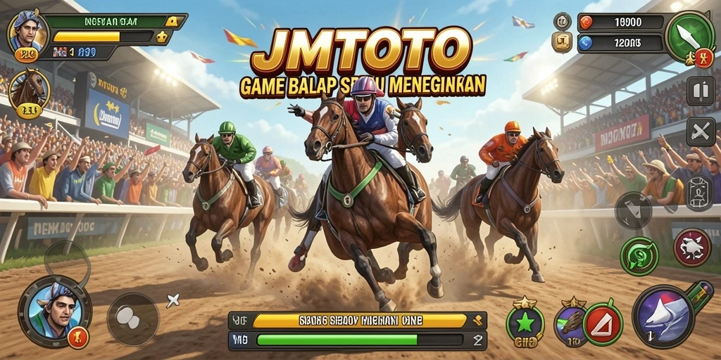 Gameplay JMTOTO dengan mobil balap cepat di lintasan menantang.